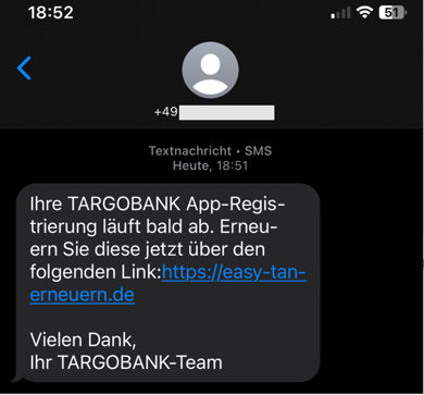 Betrügerische SMS, die dazu auffordert einen Link anzuklicken, damit die TARGOBANK-App Registrierung nicht abläuft