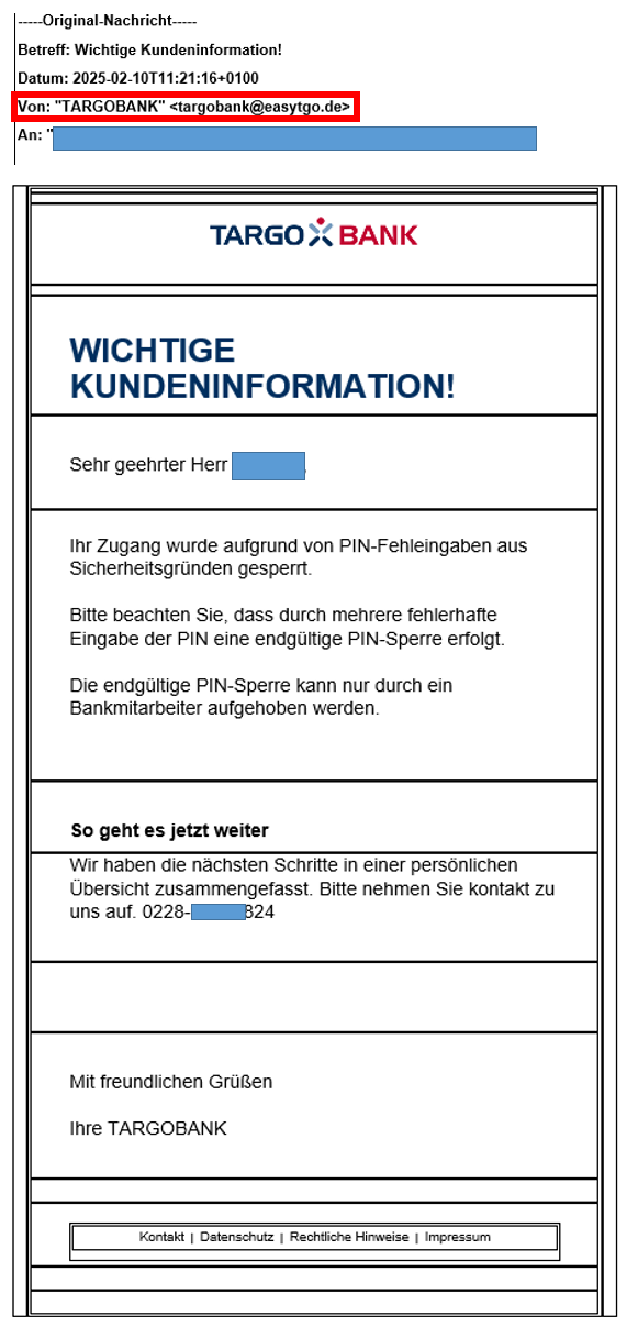 Betrügerische SMS, die dazu auffordert einen Link anzuklicken, damit die TARGOBANK-App Registrierung nicht abläuft